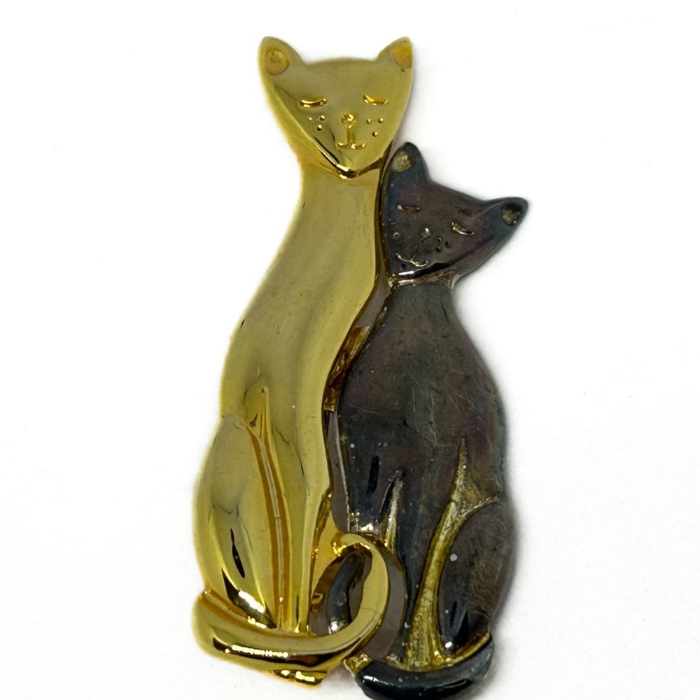 Silvertone Goldtone‎ Double Cat Pin Brooch